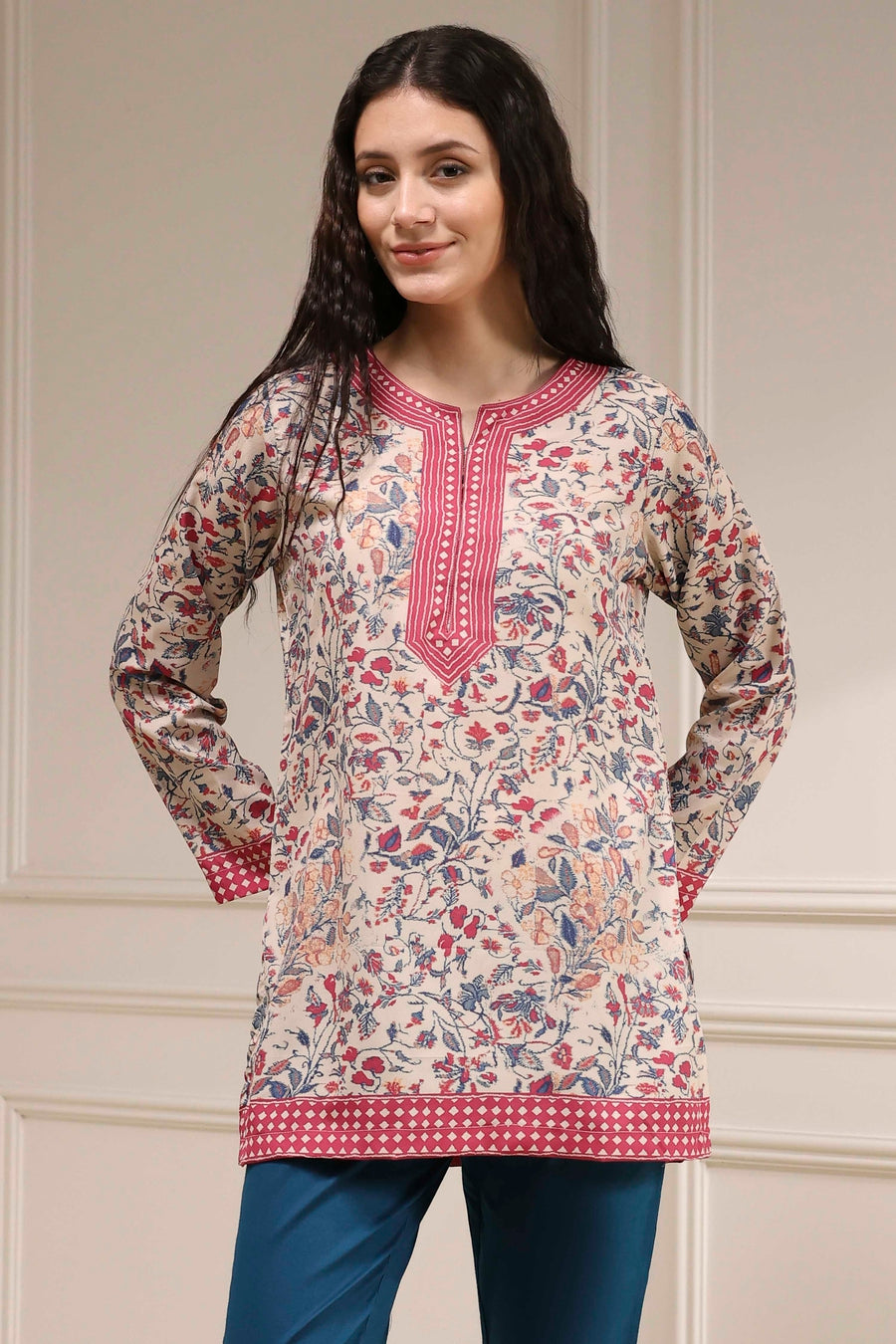 Beige Polyester Straight Printed Kurti K60