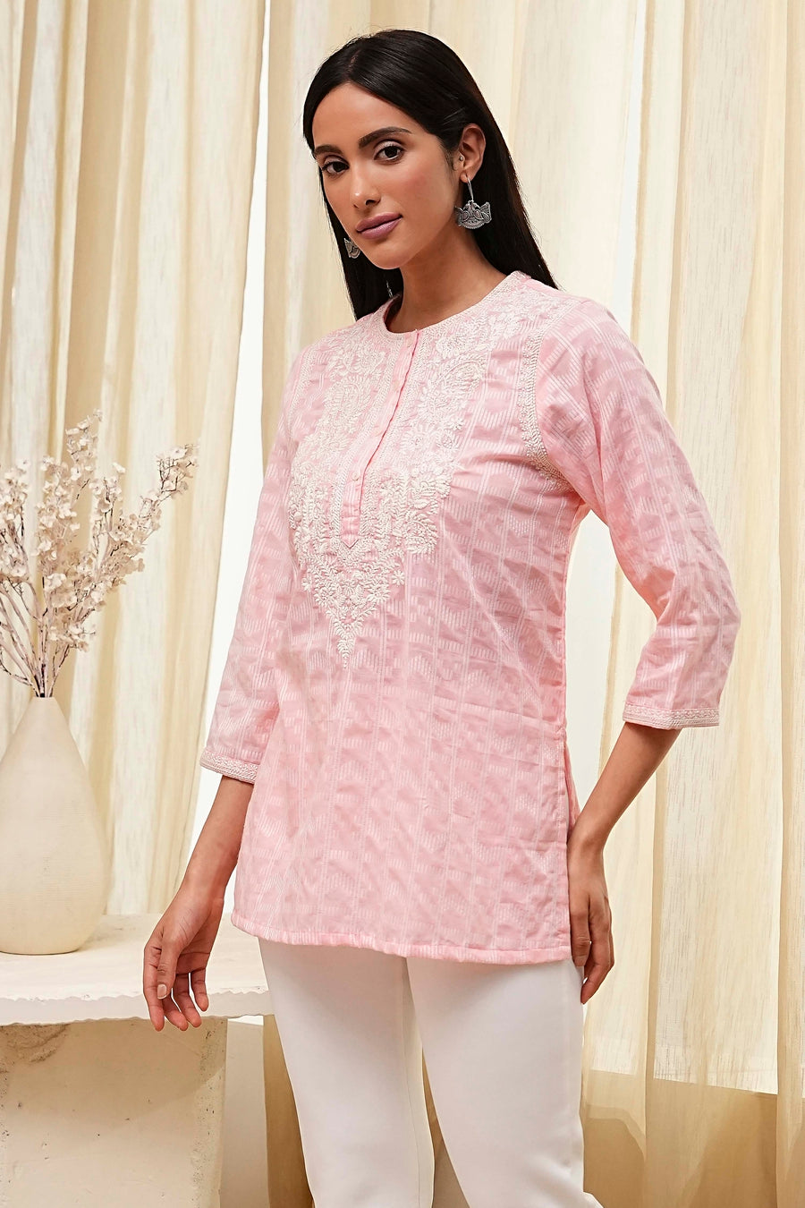 Pink Cotton Yarn Dyed Short Kurta K60