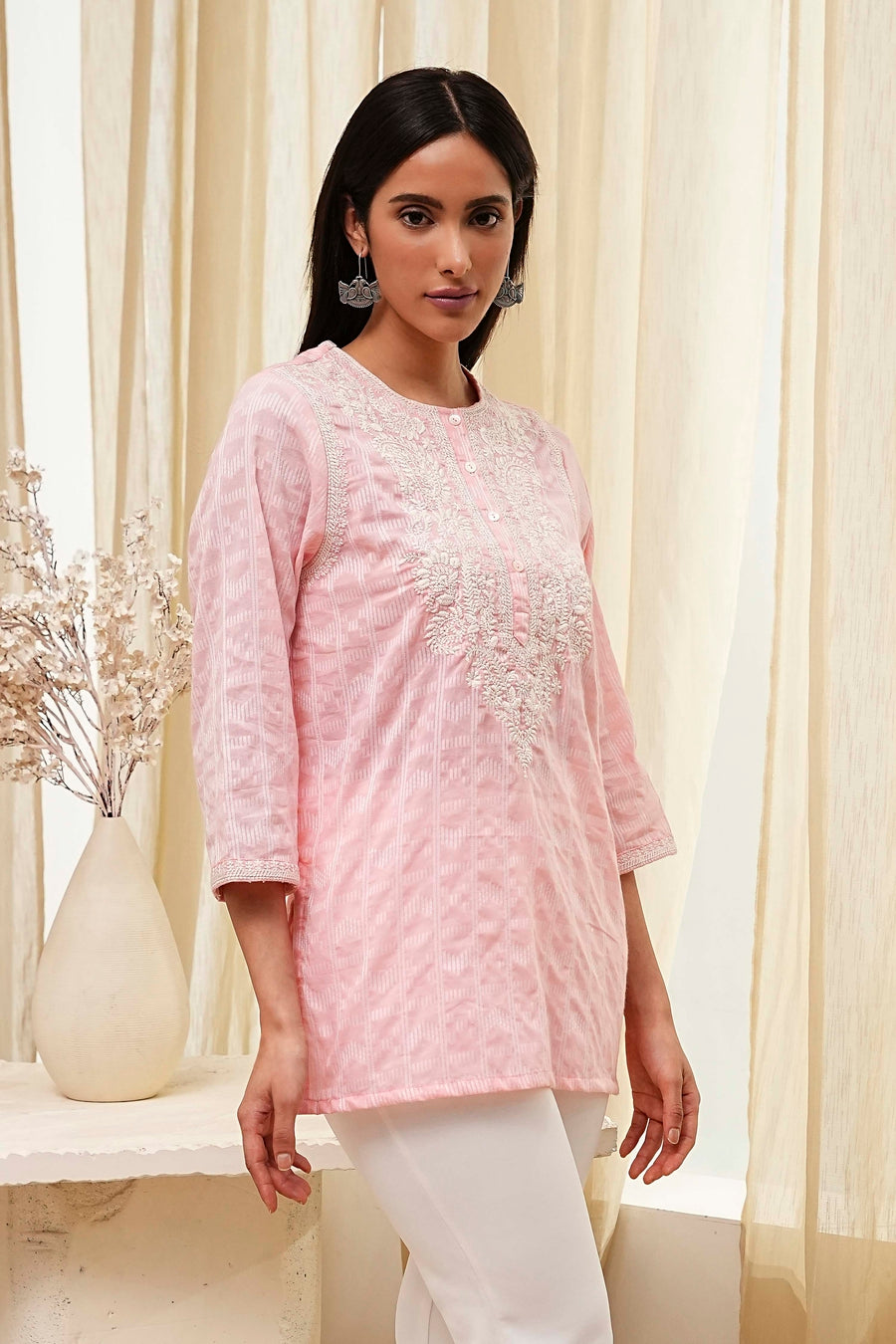 Pink Cotton Yarn Dyed Short Kurta K60