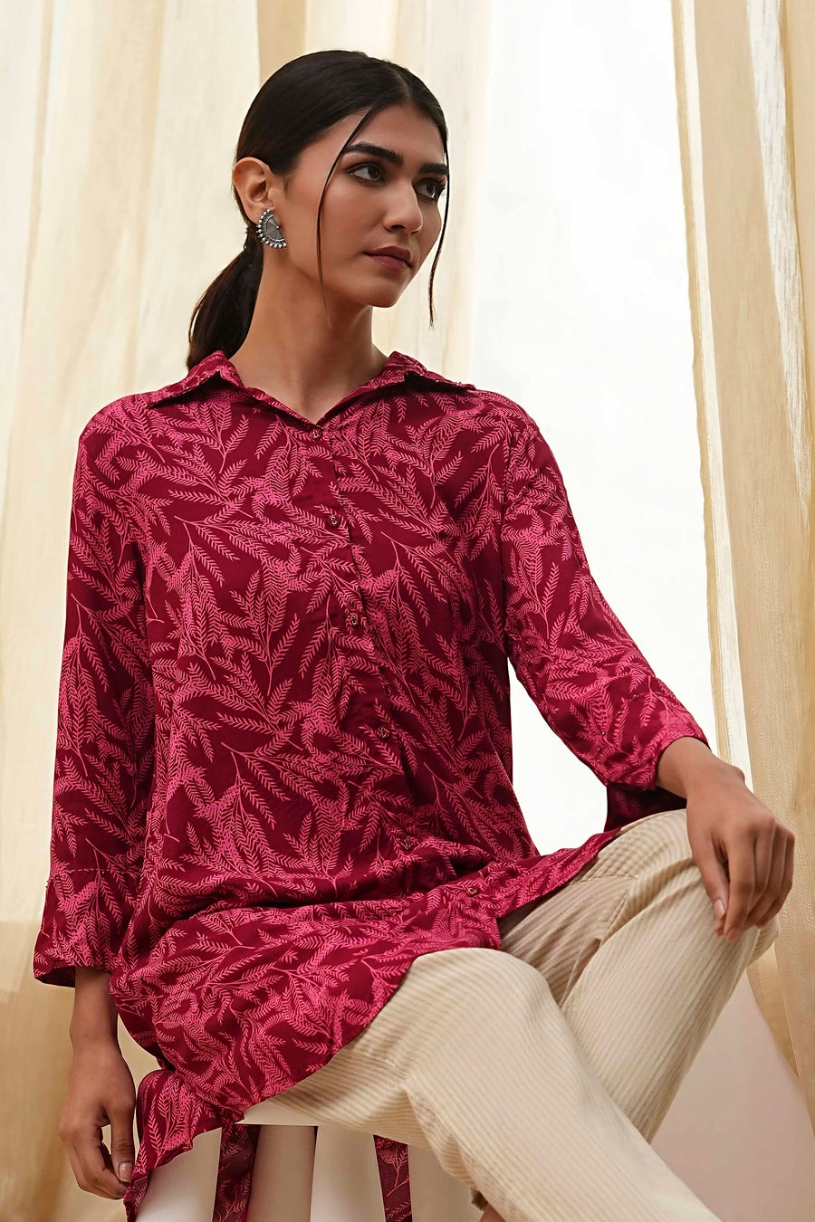 Red Printed Shirt-Style Short Kurta K60