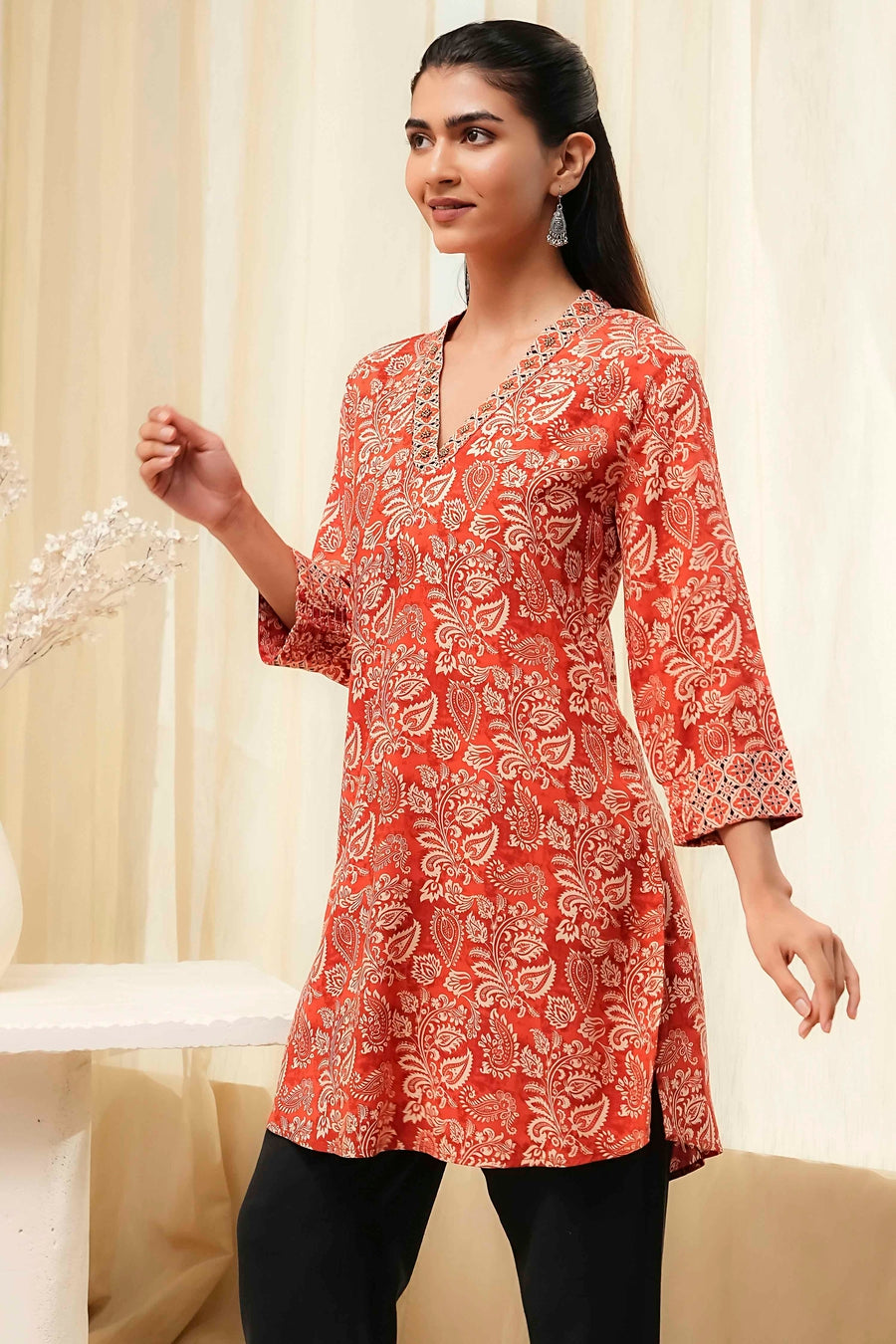 Rust Printed Straight Short Kurta K60