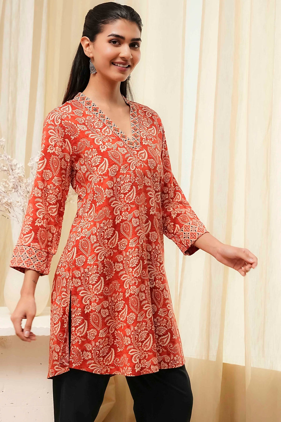 Rust Printed Straight Short Kurta K60