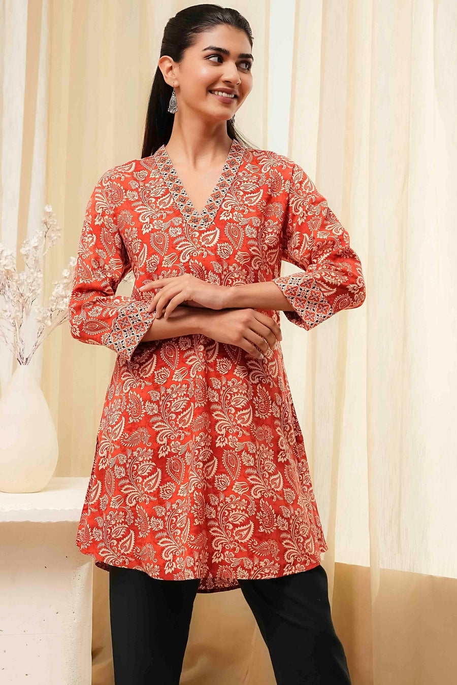 Rust Printed Straight Short Kurta K60