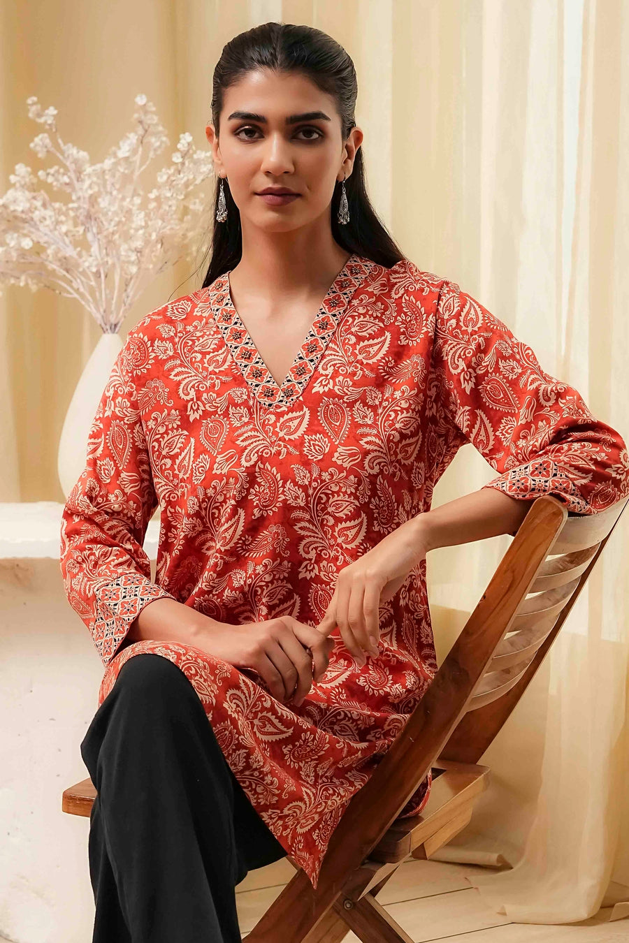 Rust Printed Straight Short Kurta K60