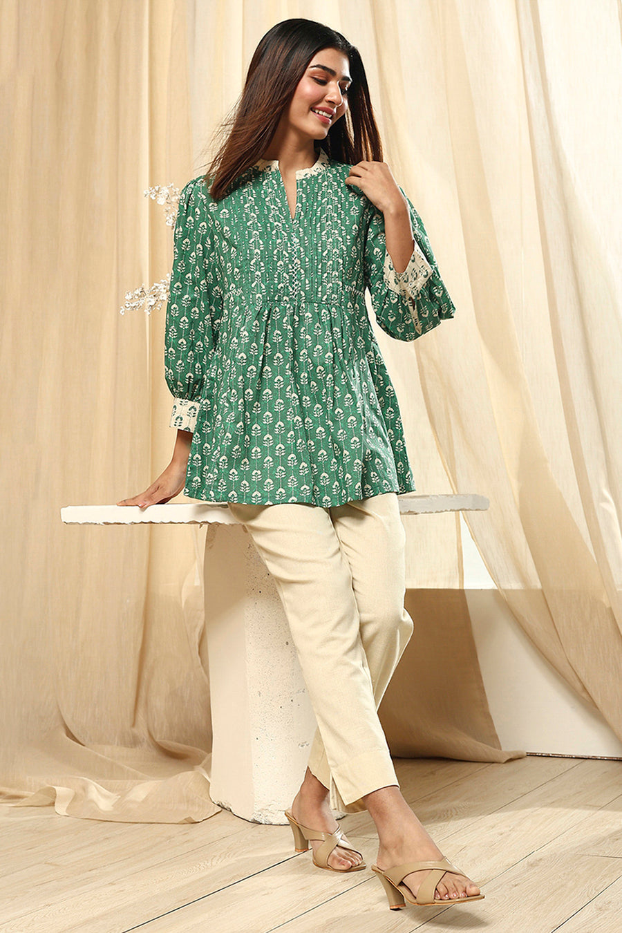 Green Cotton Printed Short A-Line Kurta K60
