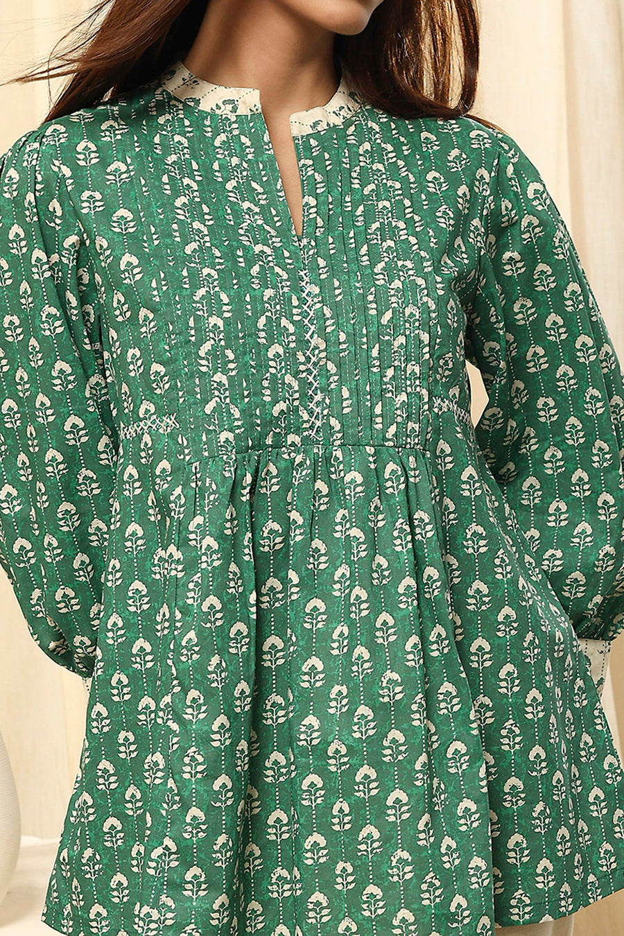 Green Cotton Printed Short A-Line Kurta K60