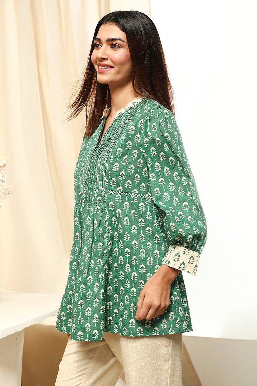Green Cotton Printed Short A-Line Kurta K60