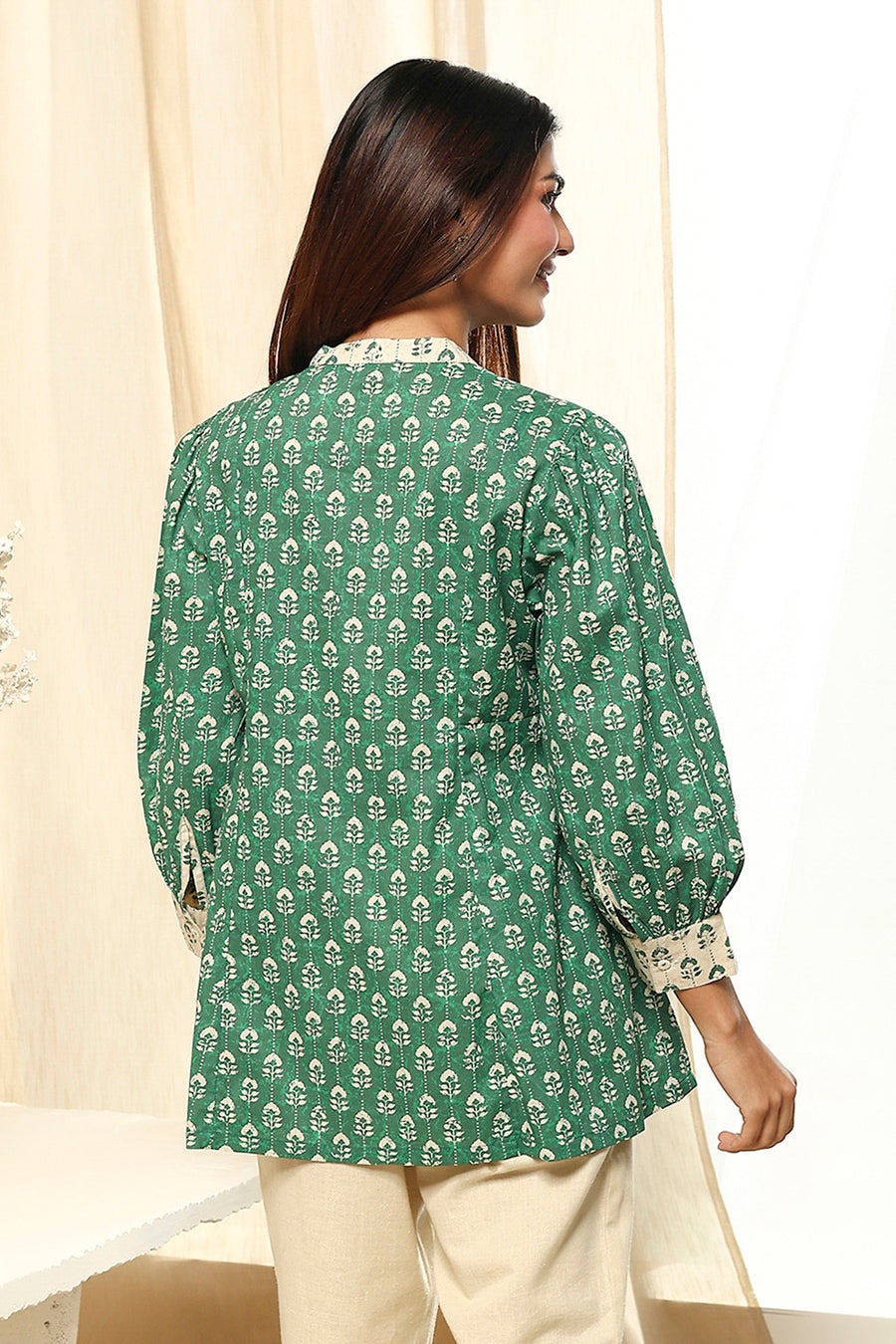 Green Cotton Printed Short A-Line Kurta K60
