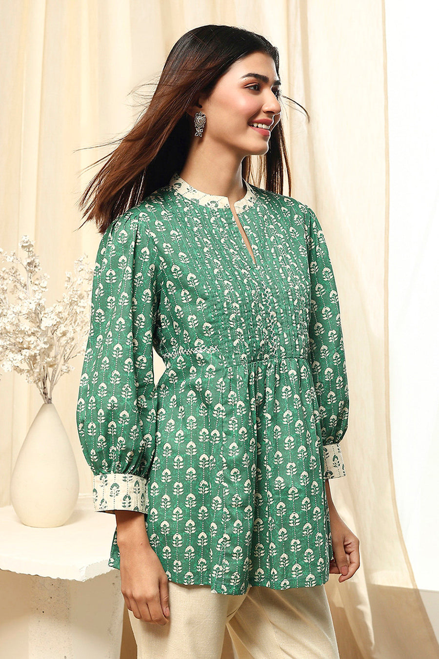 Green Cotton Printed Short A-Line Kurta K60