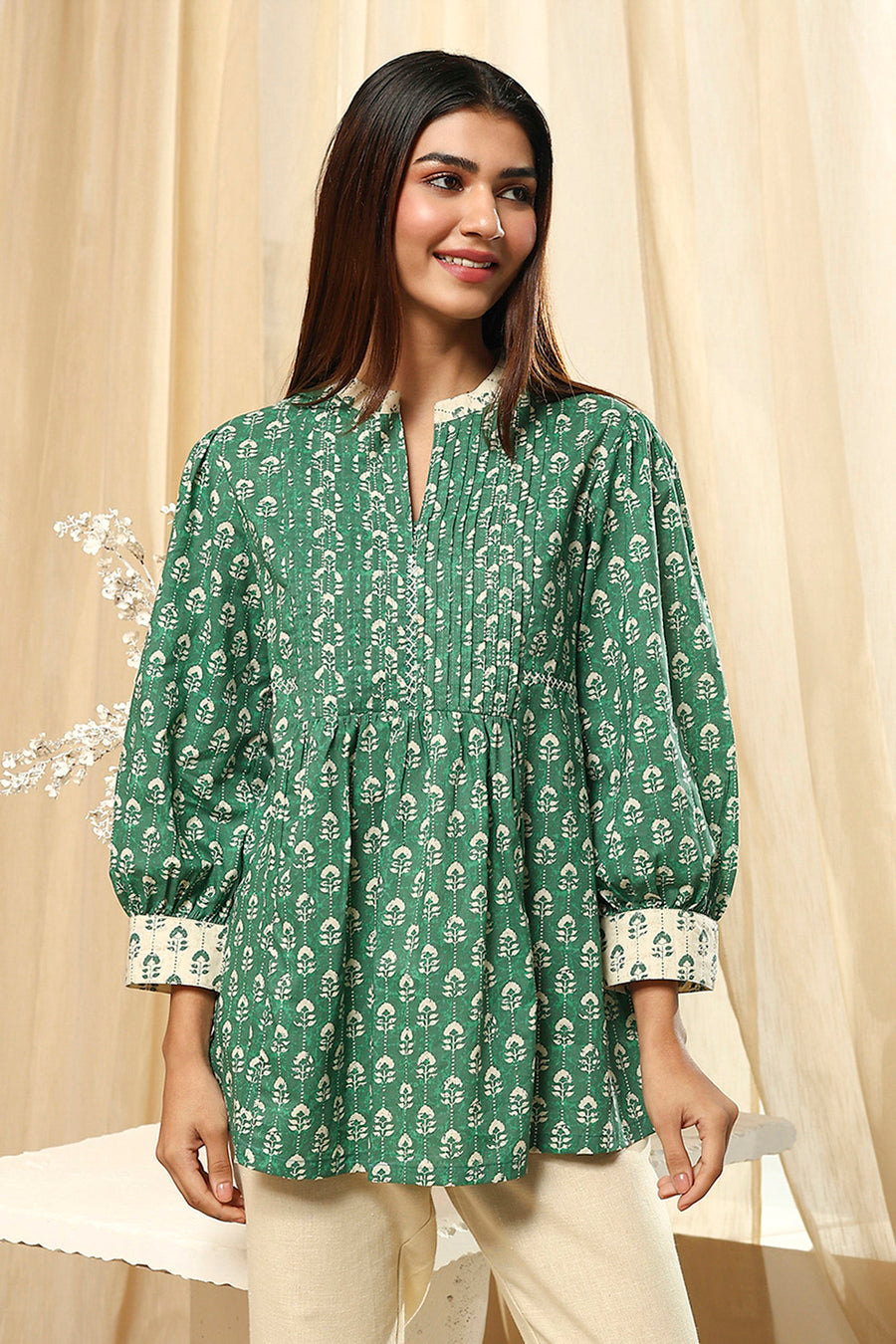 Green Cotton Printed Short A-Line Kurta K60