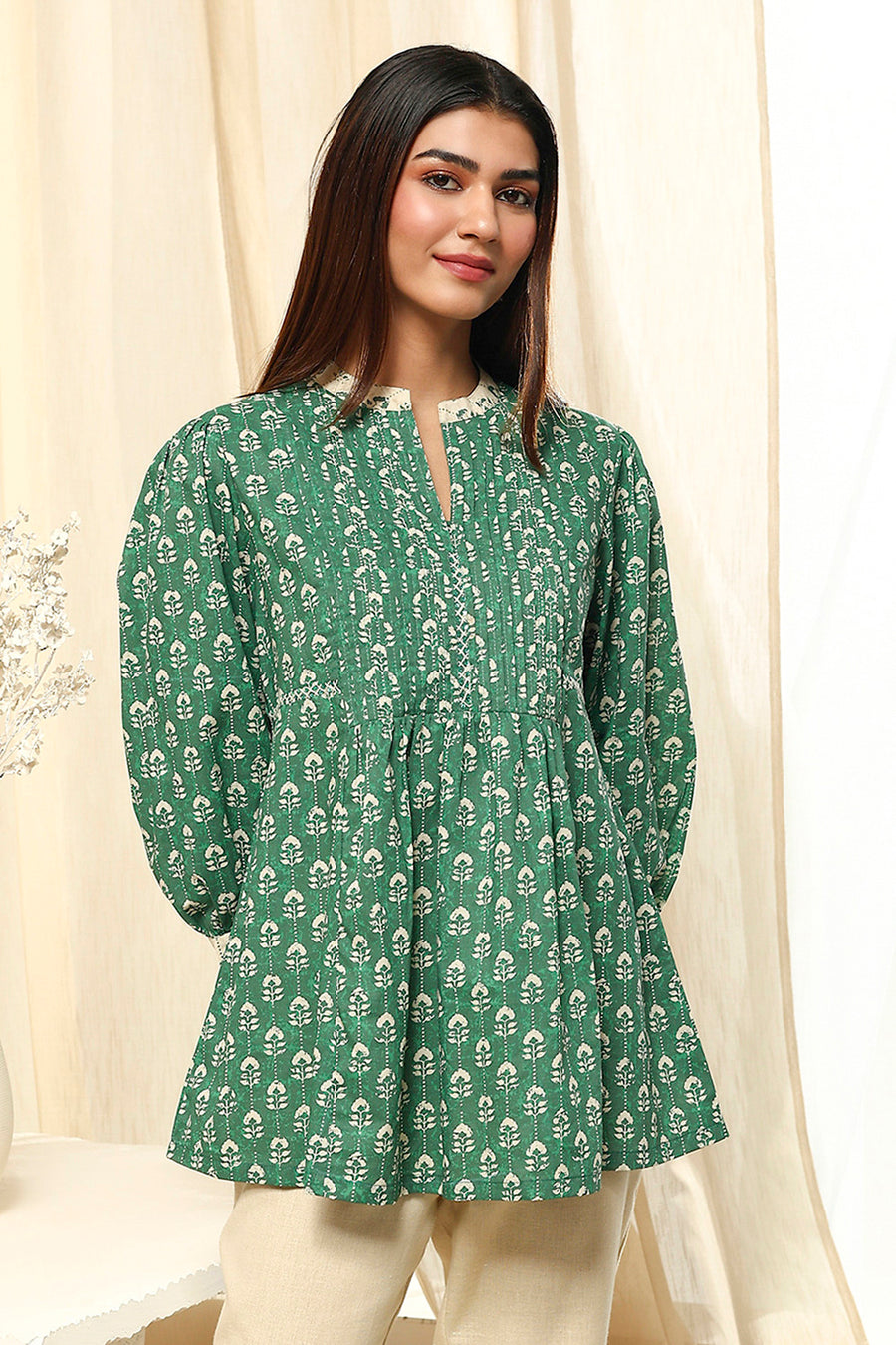 Green Cotton Printed Short A-Line Kurta K60