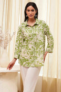 Green Cotton Floral Printed Straight Shirt K60