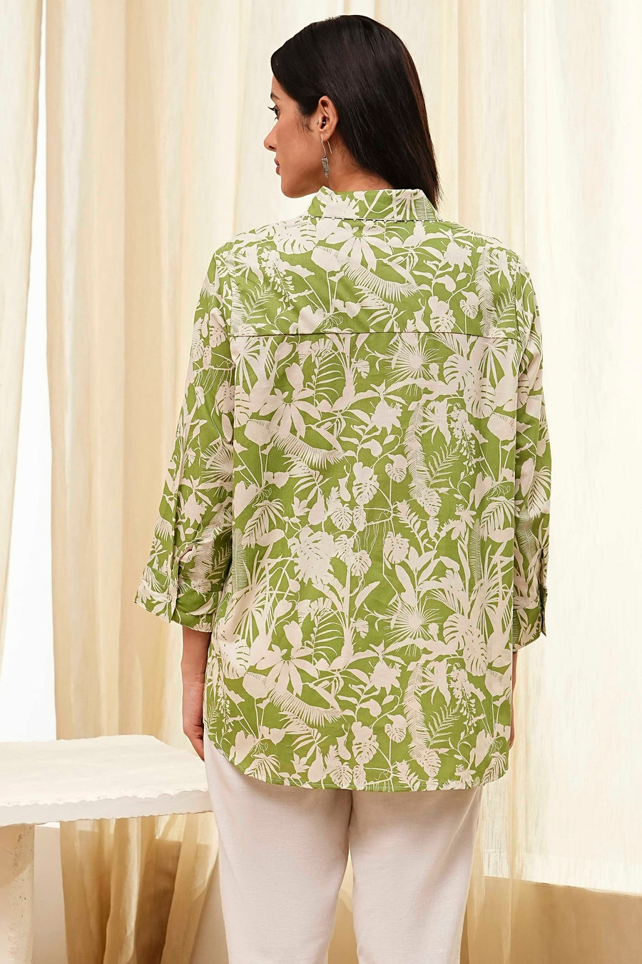 Green Cotton Floral Printed Straight Shirt K60