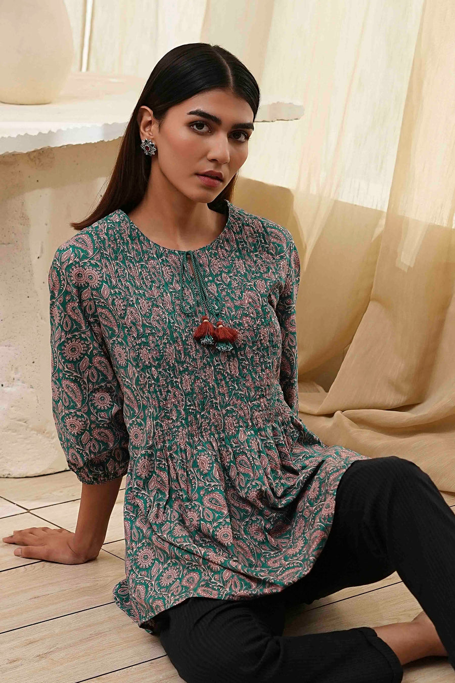 Teal Green Cotton Pleated A-Line Short Kurta K60