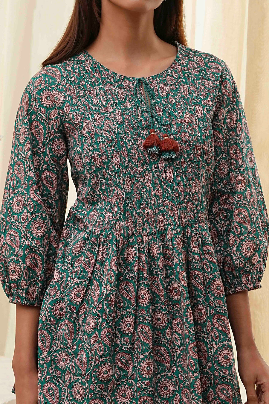 Teal Green Cotton Pleated A-Line Short Kurta K60