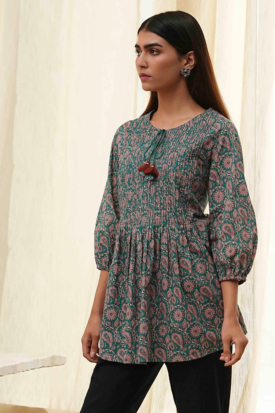 Teal Green Cotton Pleated A-Line Short Kurta K60