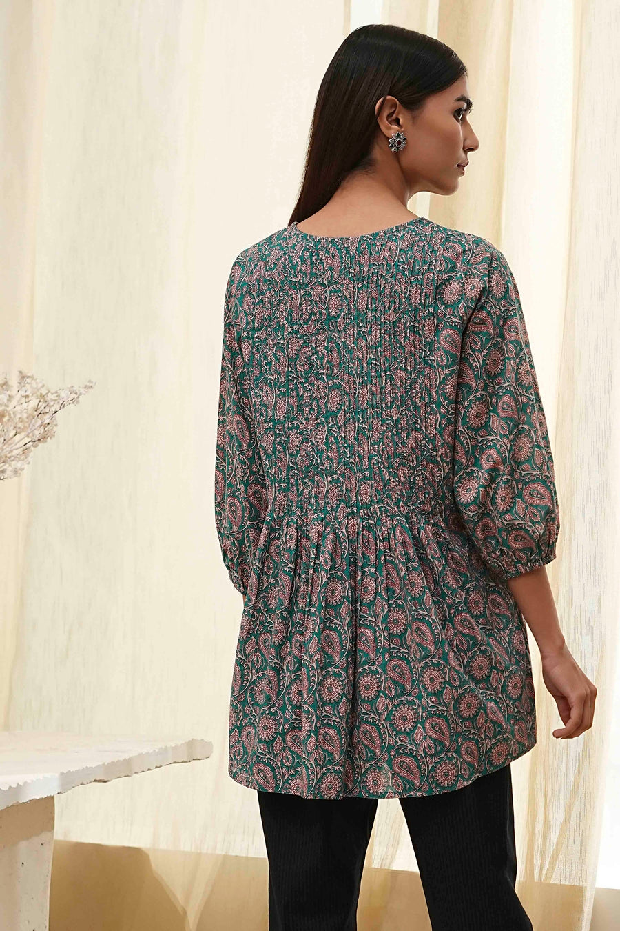 Teal Green Cotton Pleated A-Line Short Kurta K60