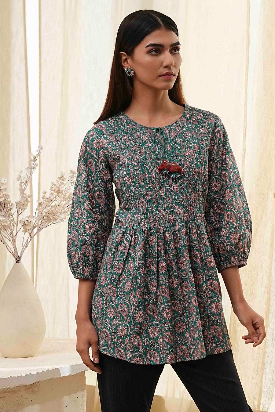 Teal Green Cotton Pleated A-Line Short Kurta K60