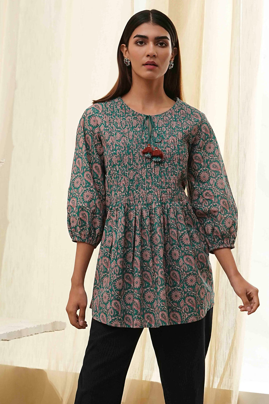 Teal Green Cotton Pleated A-Line Short Kurta K60