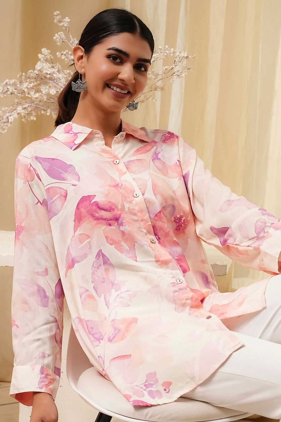 Off-White and Pink Straight Shirt K60