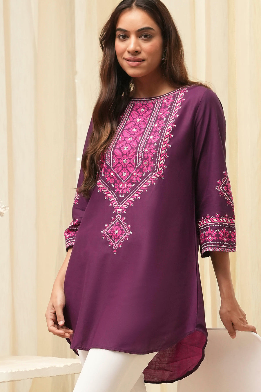 Purple Printed Straight Short Kurta K60