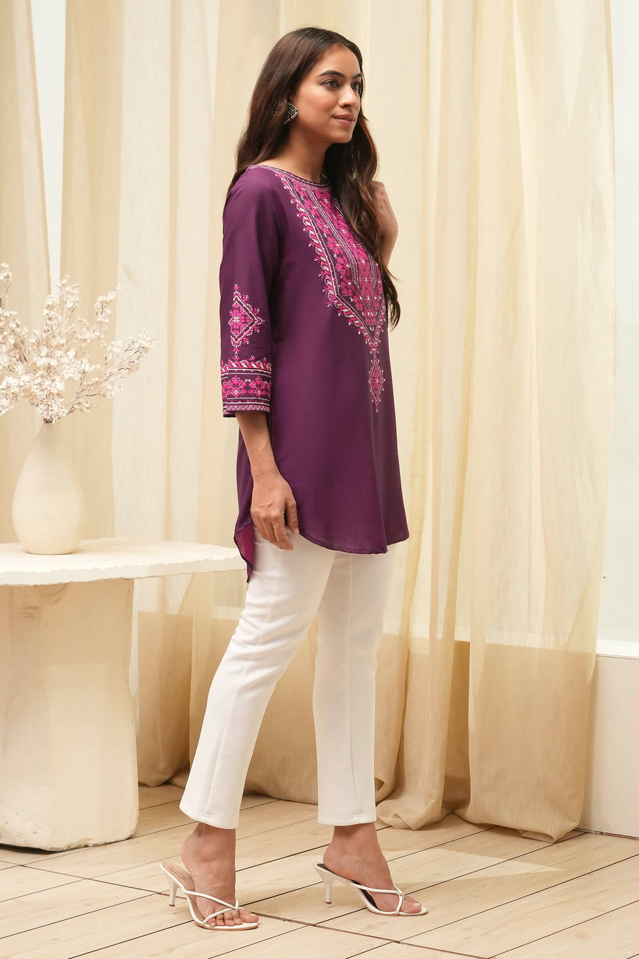 Purple Printed Straight Short Kurta K60