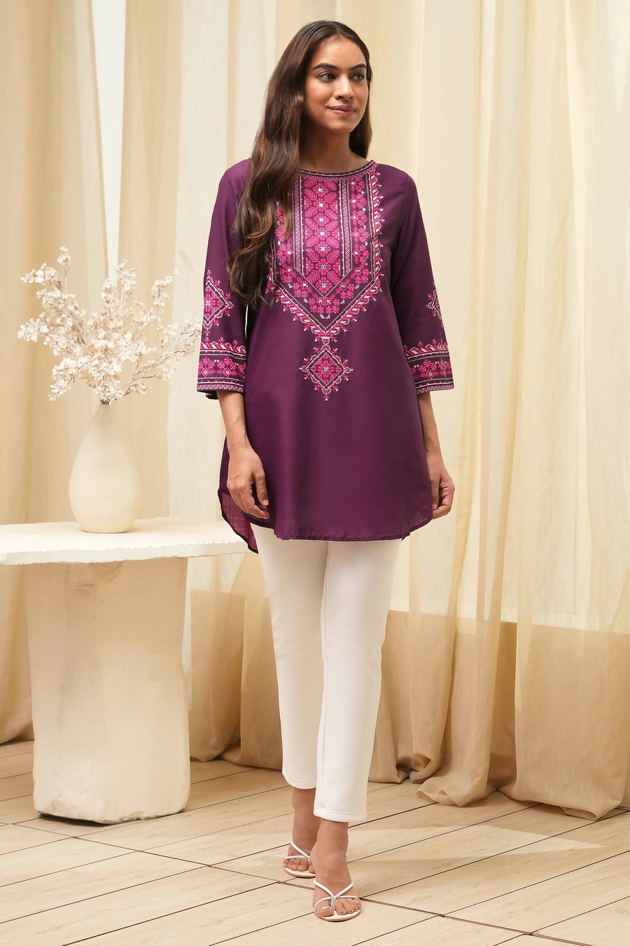 Purple Printed Straight Short Kurta K60