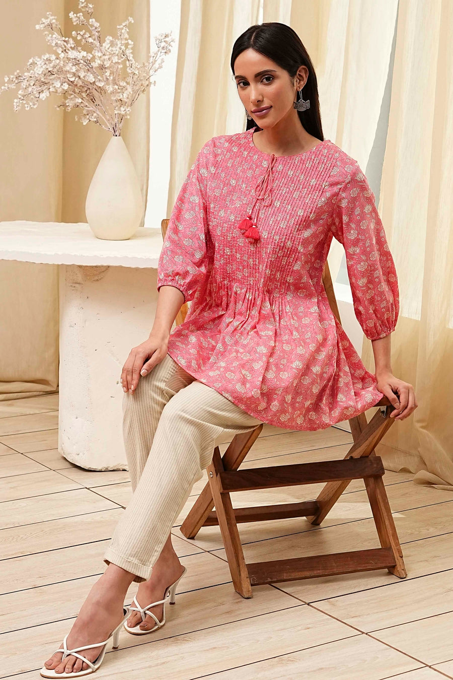 Coral Cotton Pleated Short Kurta K60