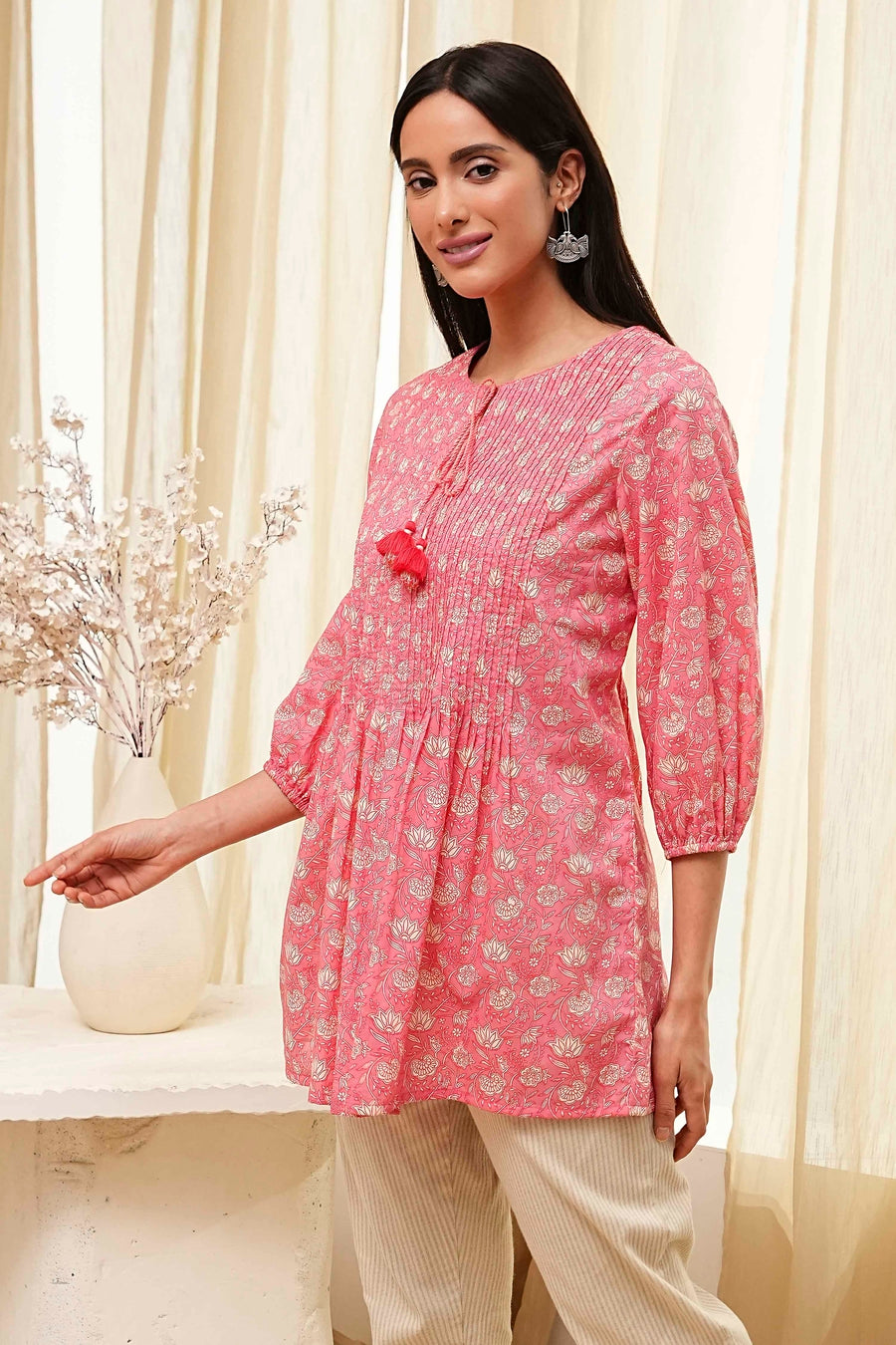 Coral Cotton Pleated Short Kurta K60