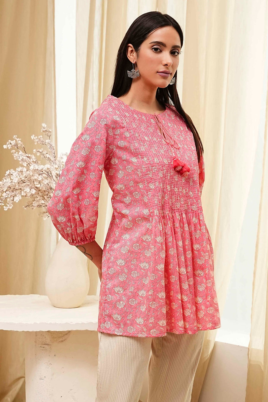 Coral Cotton Pleated Short Kurta K60