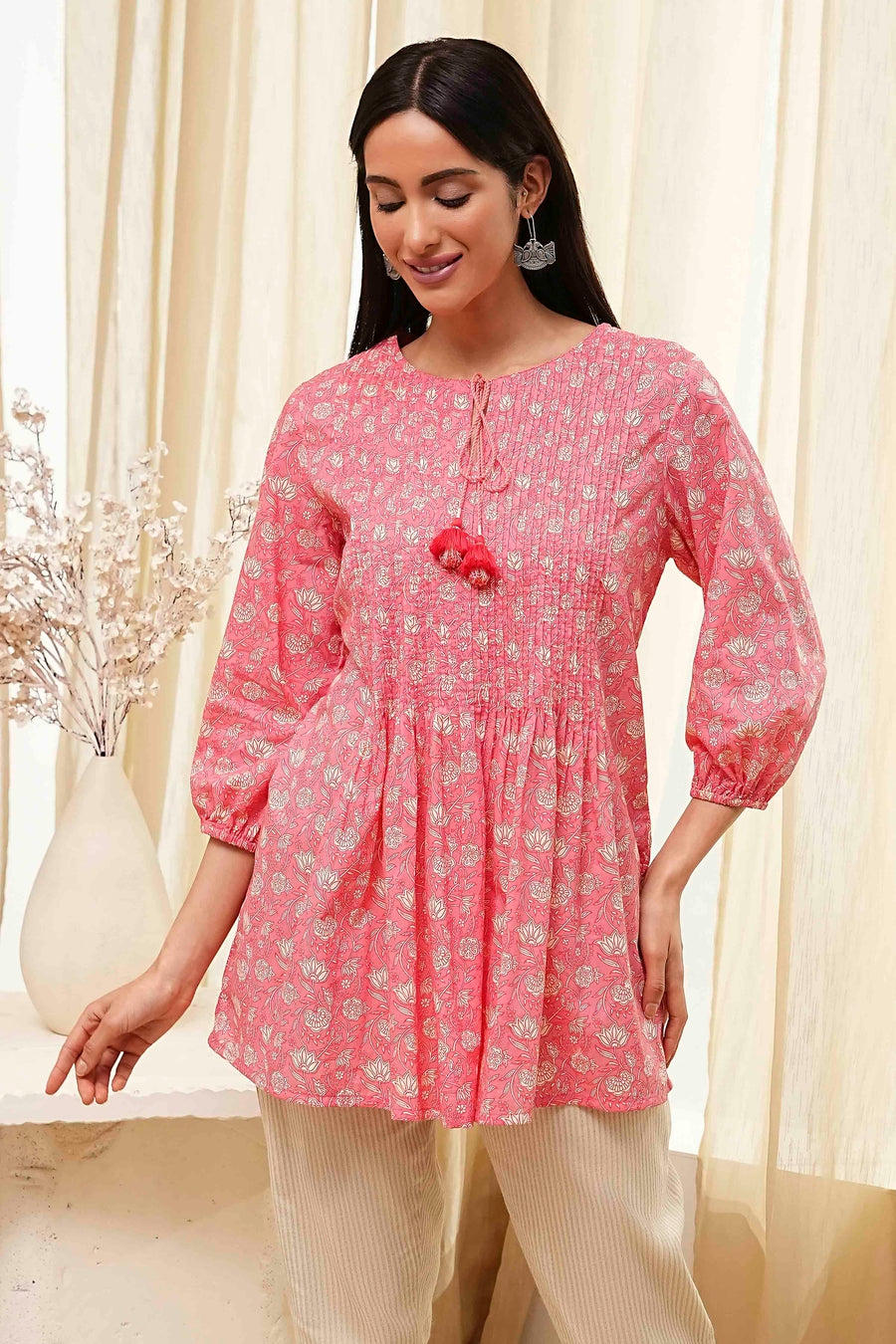 Coral Cotton Pleated Short Kurta K60