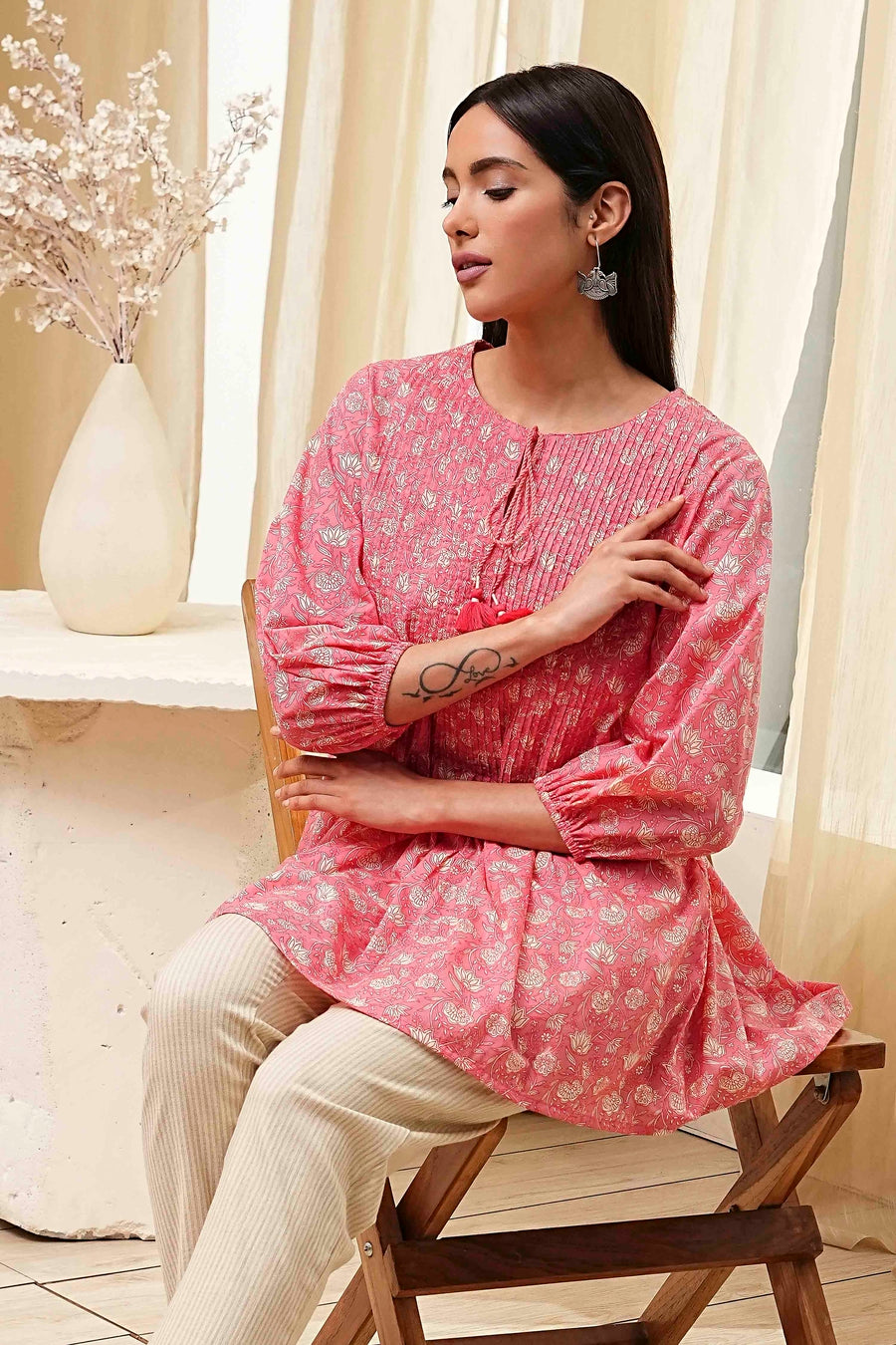 Coral Cotton Pleated Short Kurta K60