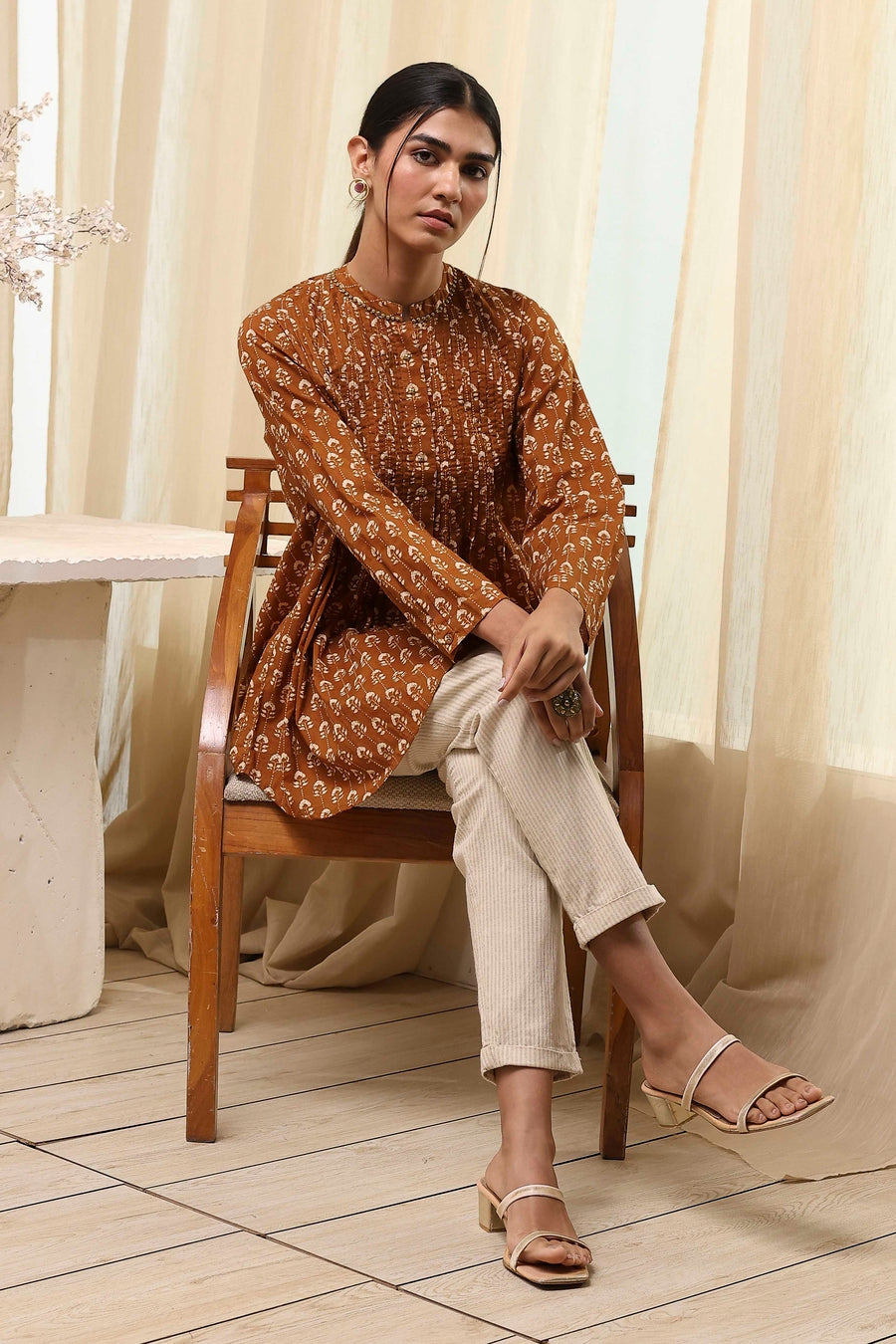 Mustard Brown Cotton Printed Shirt K60