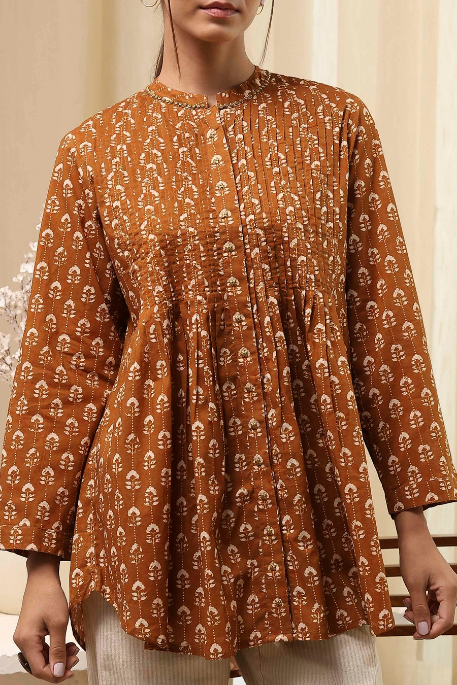 Mustard Brown Cotton Printed Shirt K60