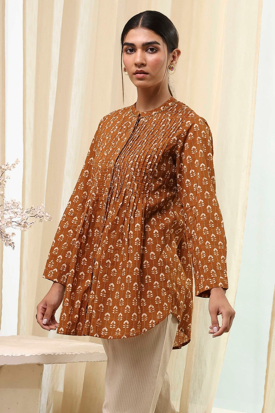 Mustard Brown Cotton Printed Shirt K60