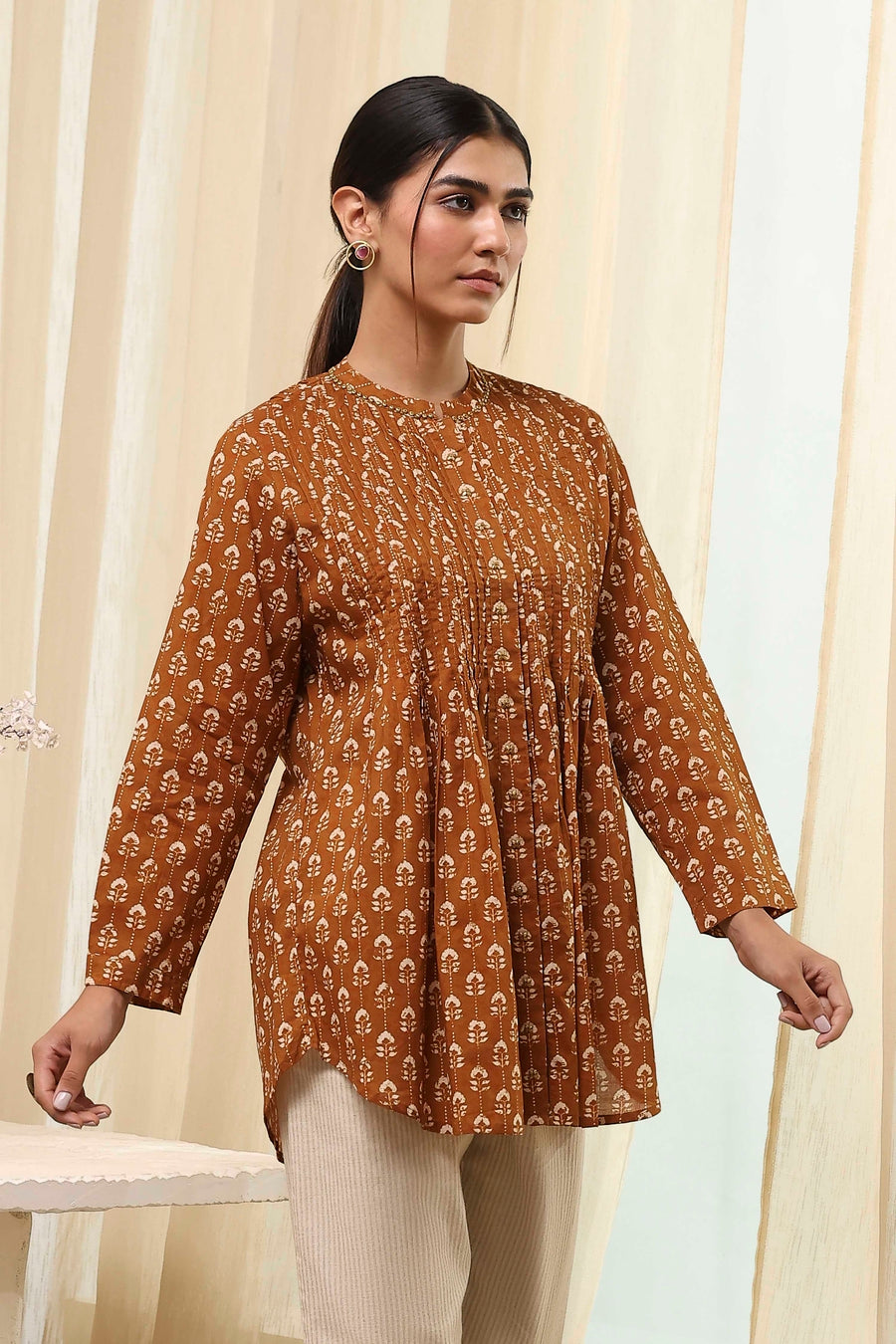 Mustard Brown Cotton Printed Shirt K60