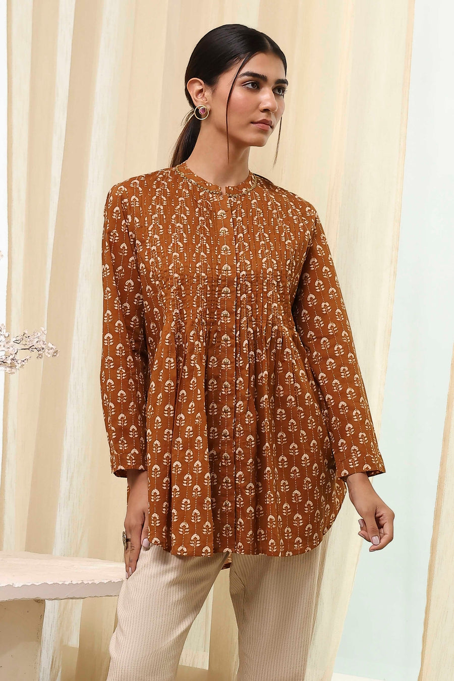Mustard Brown Cotton Printed Shirt K60