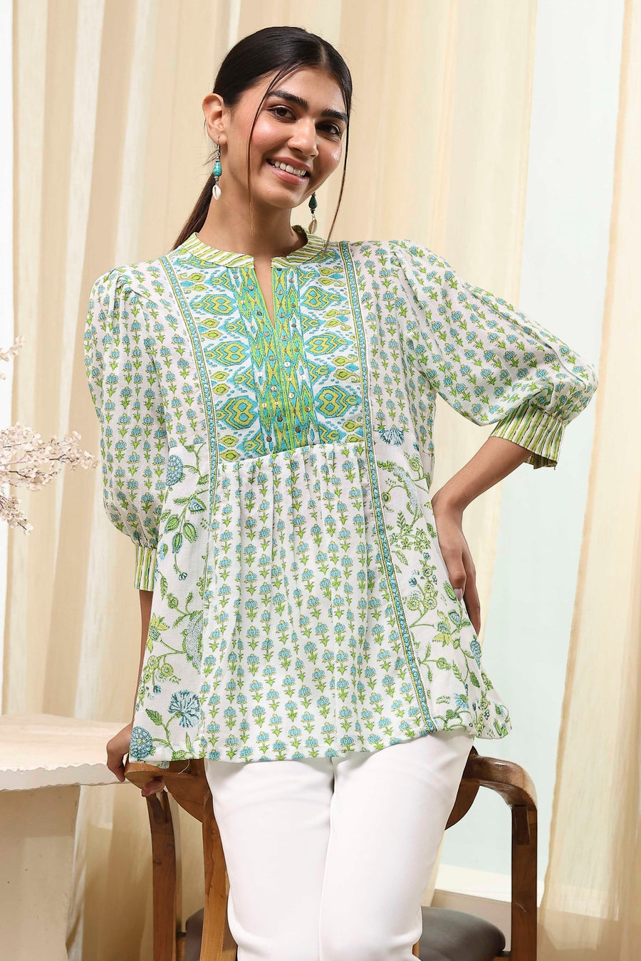 Green and White Pleated Short Kurta K60