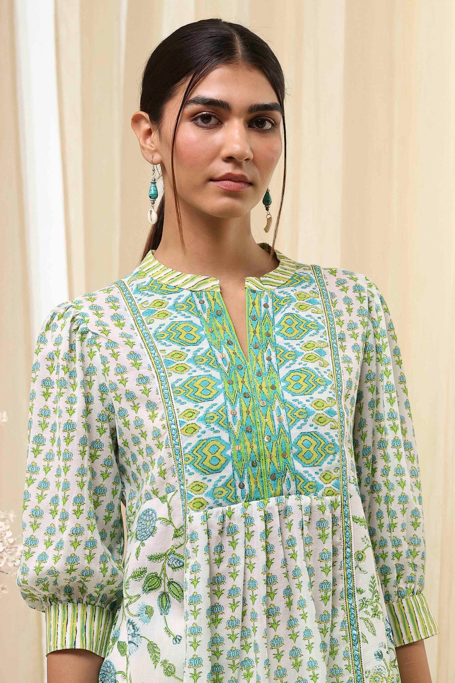 Green and White Pleated Short Kurta K60