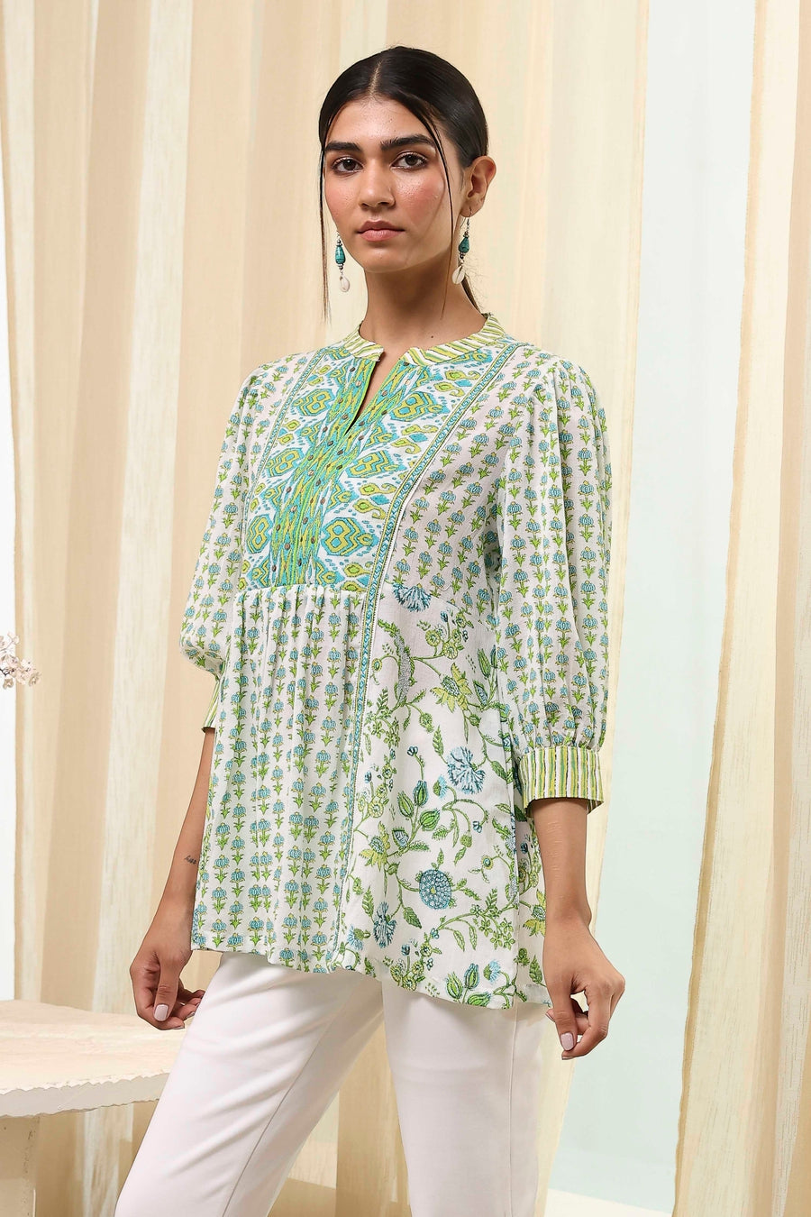 Green and White Pleated Short Kurta K60