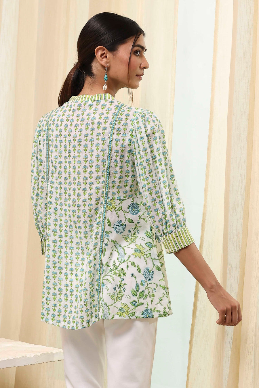 Green and White Pleated Short Kurta K60