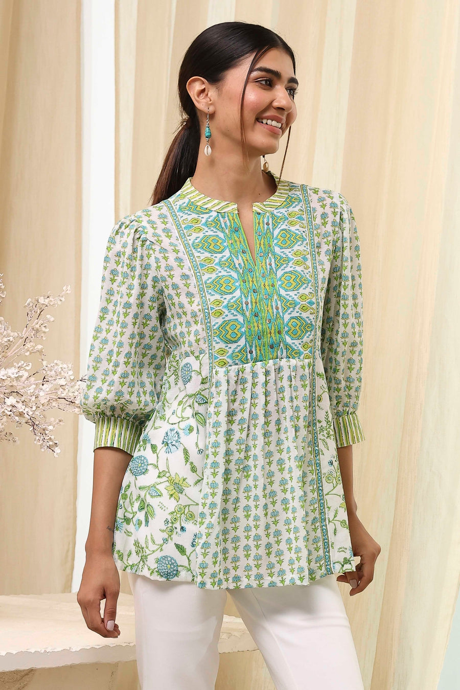 Green and White Pleated Short Kurta K60