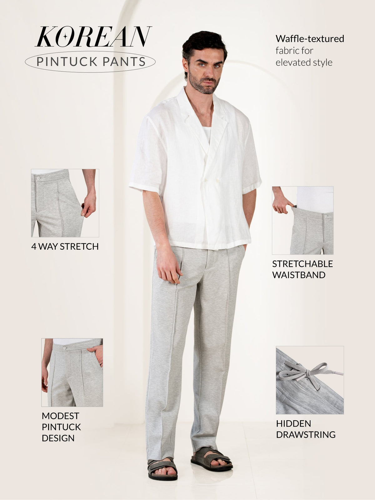 Aurest Grey Relaxed Fit Power Stretch Korean Pintuck Pants