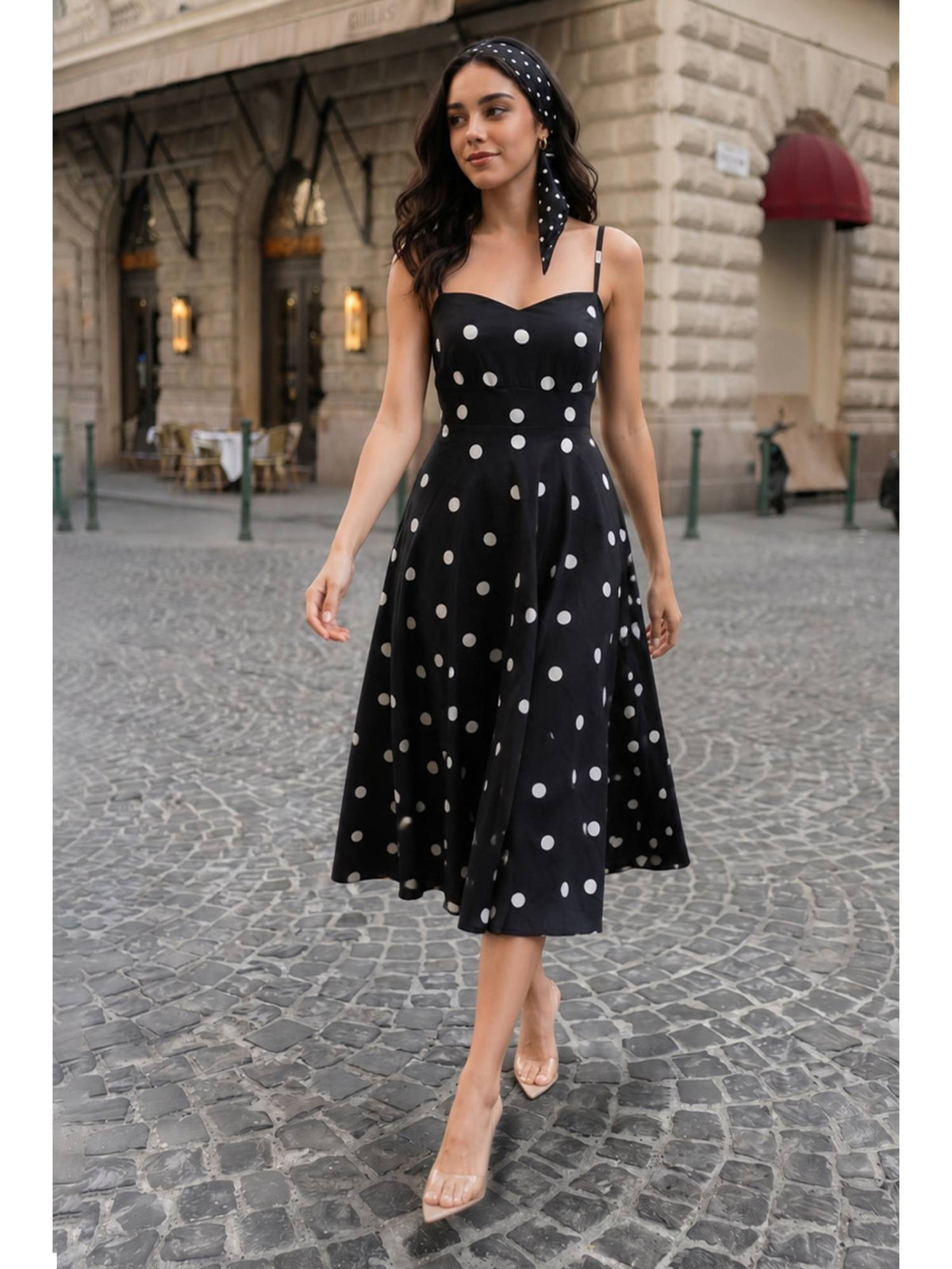 AEOY Nero Black Polka Midi Dress | D56 - view 1