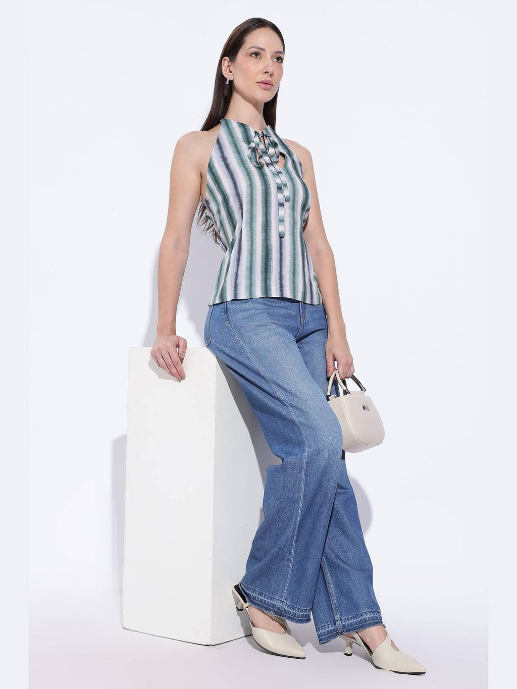 Green Stripe Tie-Dye Halter Keyhole Top | HT67 - view 2