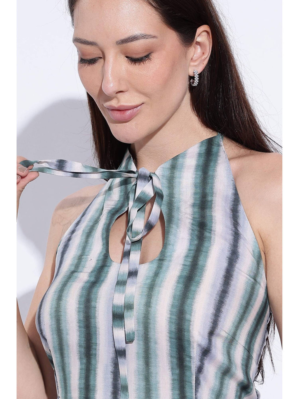 Green Stripe Tie-Dye Halter Keyhole Top | HT67 - view 3