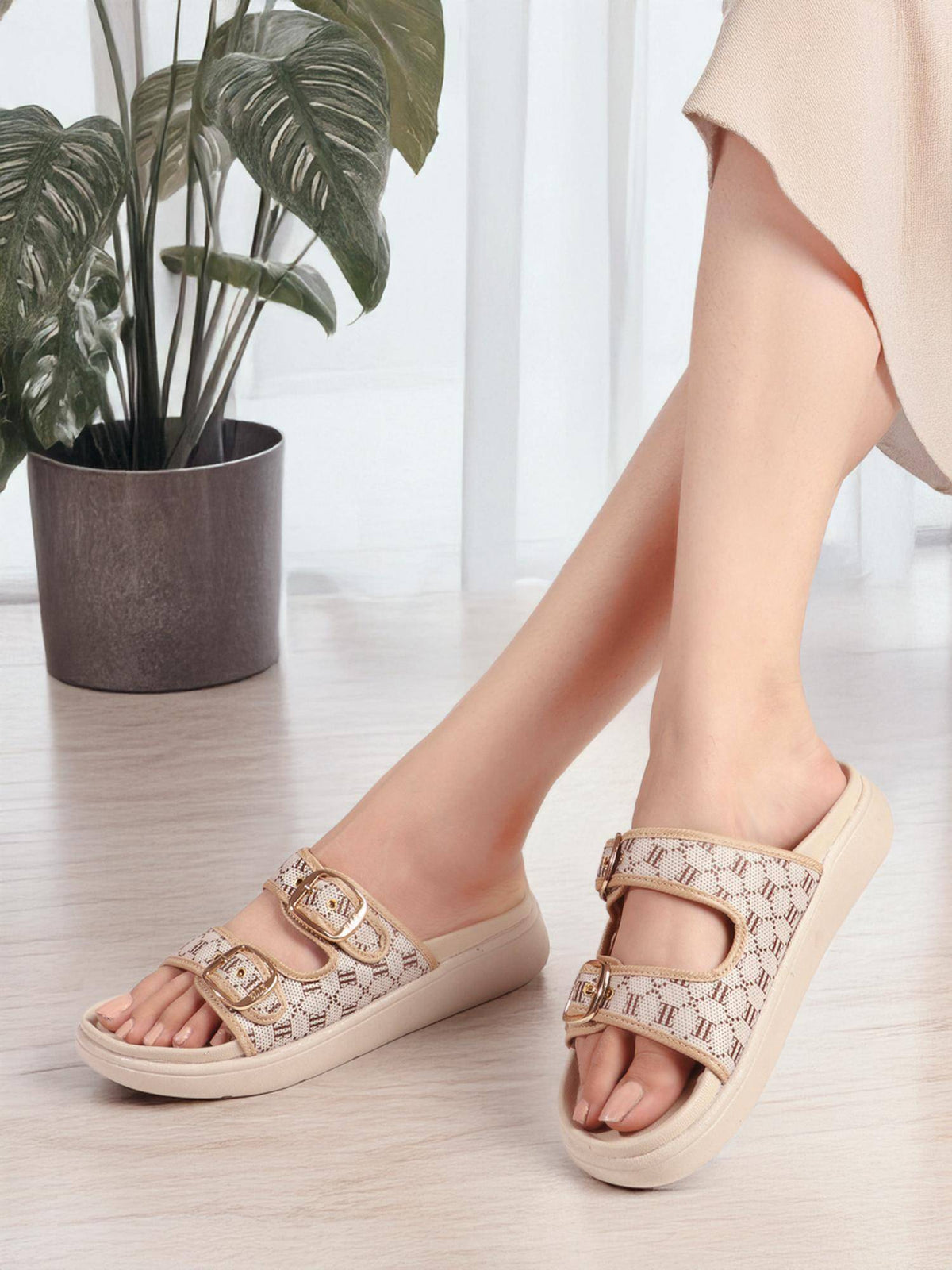 Women Patterned Double Strap Adjustable Buckle Beige Sandals | SD89 - view 2