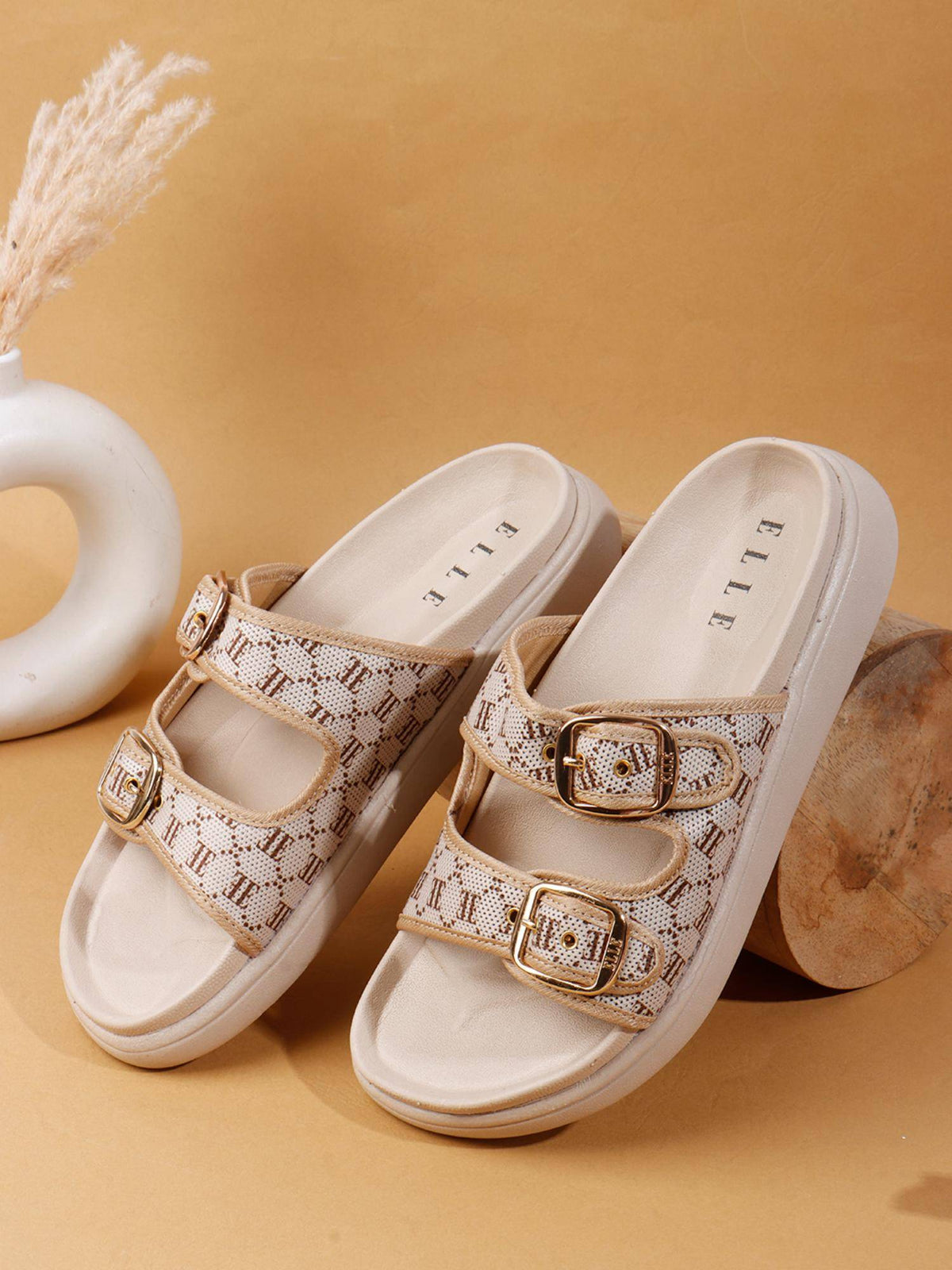 Women Patterned Double Strap Adjustable Buckle Beige Sandals | SD89 - view 3