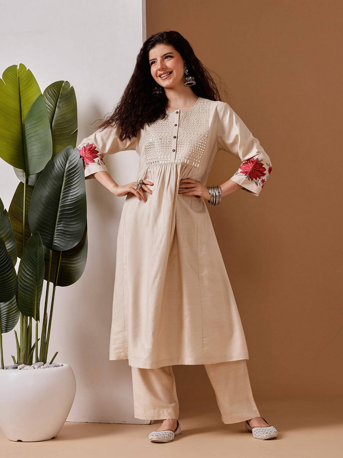 Women Yellow Linen Embroidered Kurta | FY93 - view 5