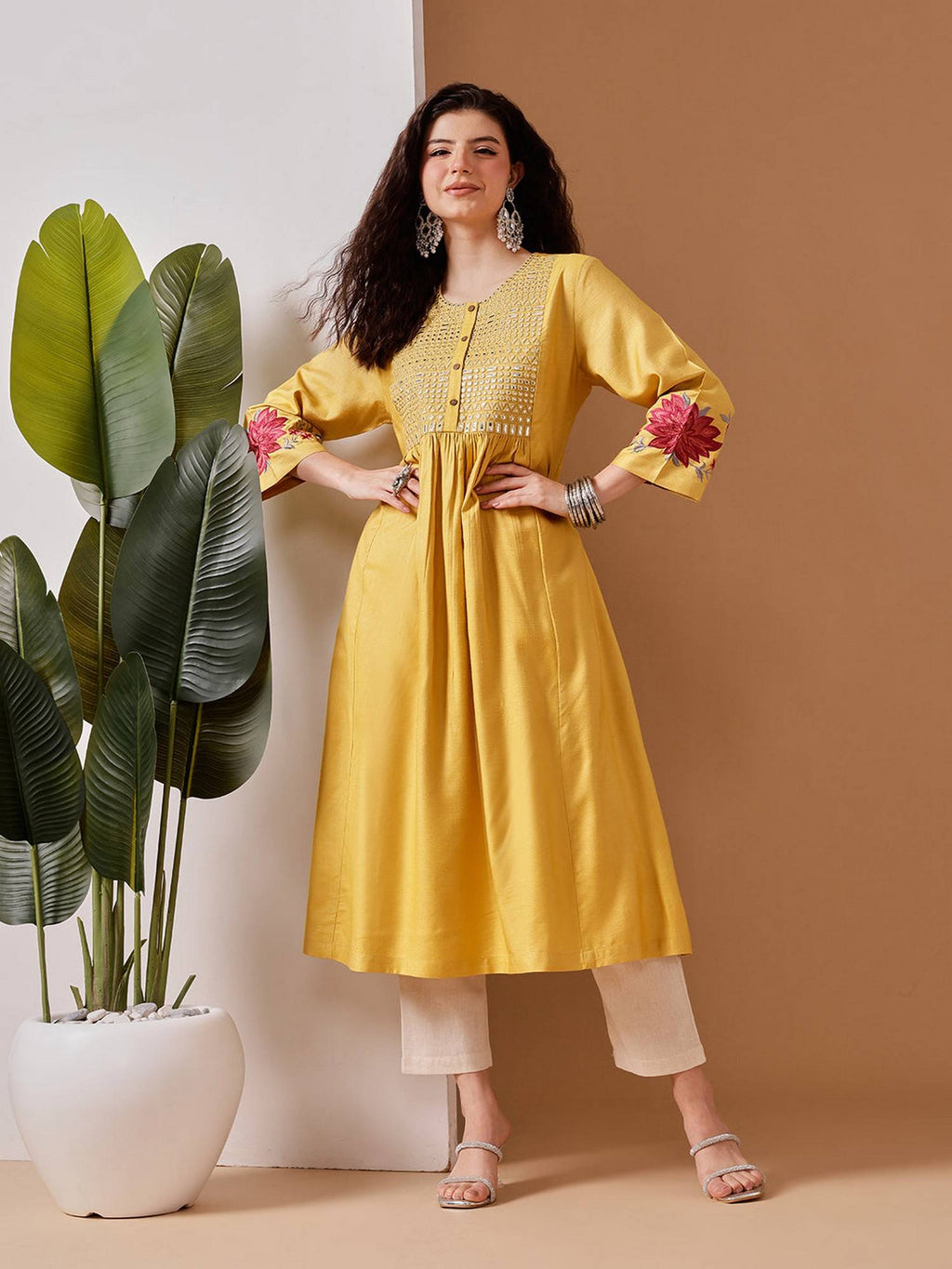 Women Yellow Linen Embroidered Kurta | FY93 - view 1